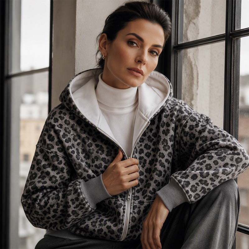 Women's Leopard Print Zip-Up Hoodie