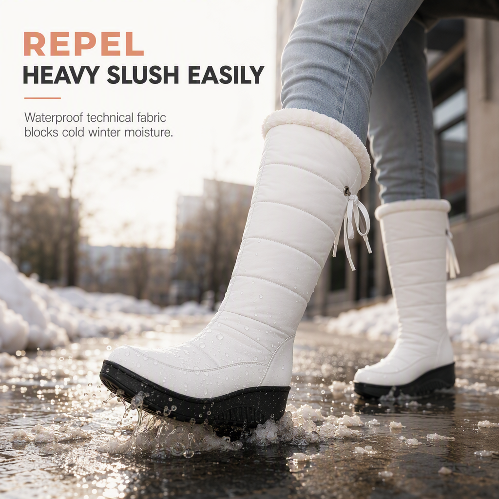 Women's Waterproof Down Cotton Snow Boots Winter Mid-Calf Boots with Round Toe Thick Sole and Warm Lining