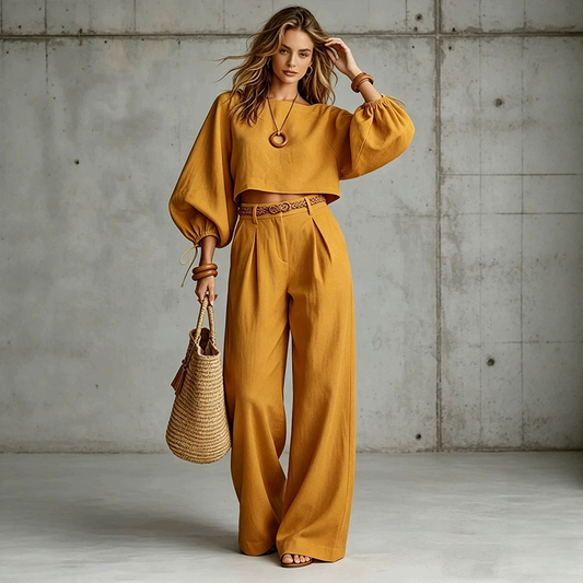 Women's Casual Crop Top and Wide-Leg Pants Set