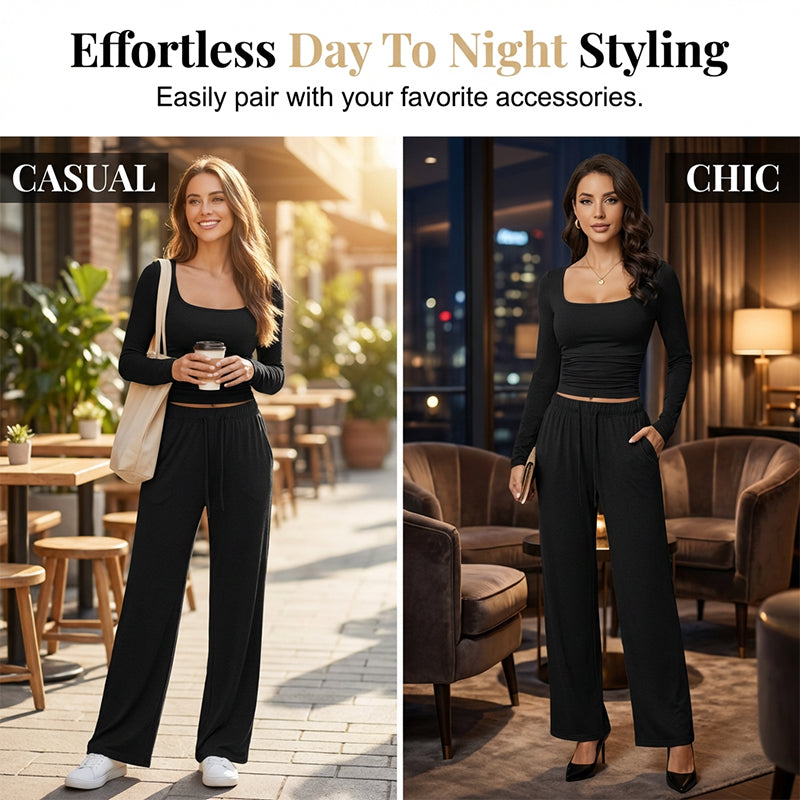 Women's Square-Neck Top & Wide-Leg Pants Set