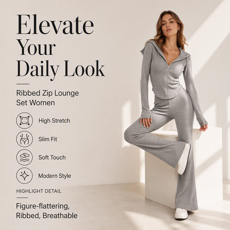 Women's Ribbed Hooded Zip-Up Jacket & Flare Pants Set