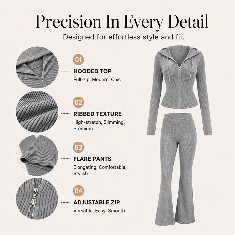 Women's Ribbed Hooded Zip-Up Jacket & Flare Pants Set