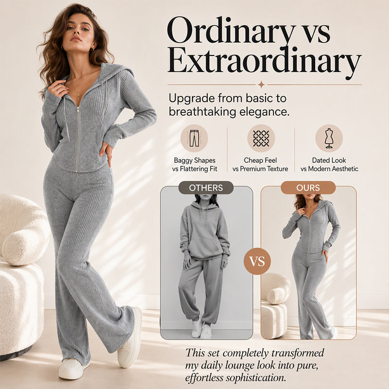 Women's Ribbed Hooded Zip-Up Jacket & Flare Pants Set