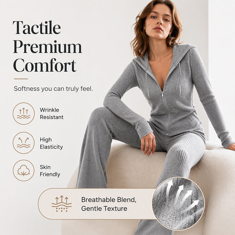 Women's Ribbed Hooded Zip-Up Jacket & Flare Pants Set