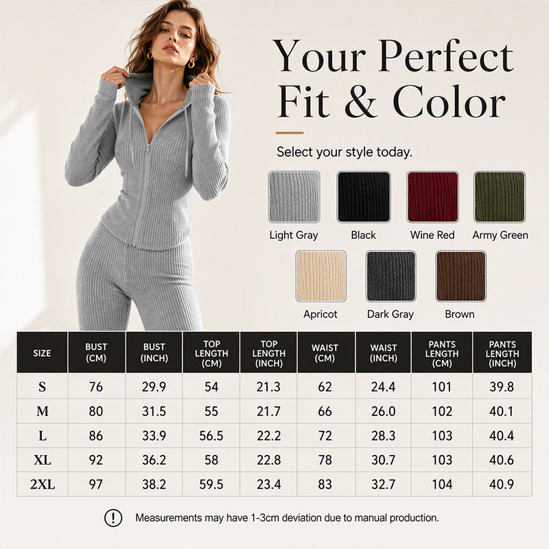 Women's Ribbed Hooded Zip-Up Jacket & Flare Pants Set
