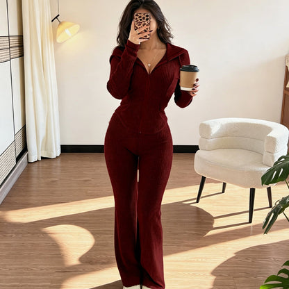 Women's Ribbed Hooded Zip-Up Jacket & Flare Pants Set