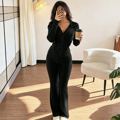 Women's Ribbed Hooded Zip-Up Jacket & Flare Pants Set