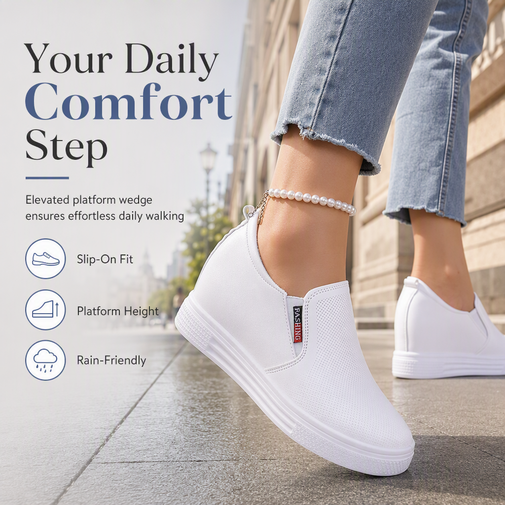 Women's Soft Leather Slip On Shoes with Hidden Height Increasing Flat Non Slip Sole