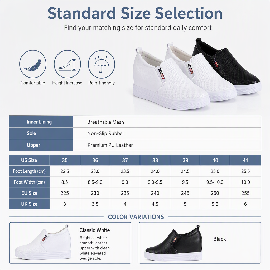 Women's Soft Leather Slip On Shoes with Hidden Height Increasing Flat Non Slip Sole
