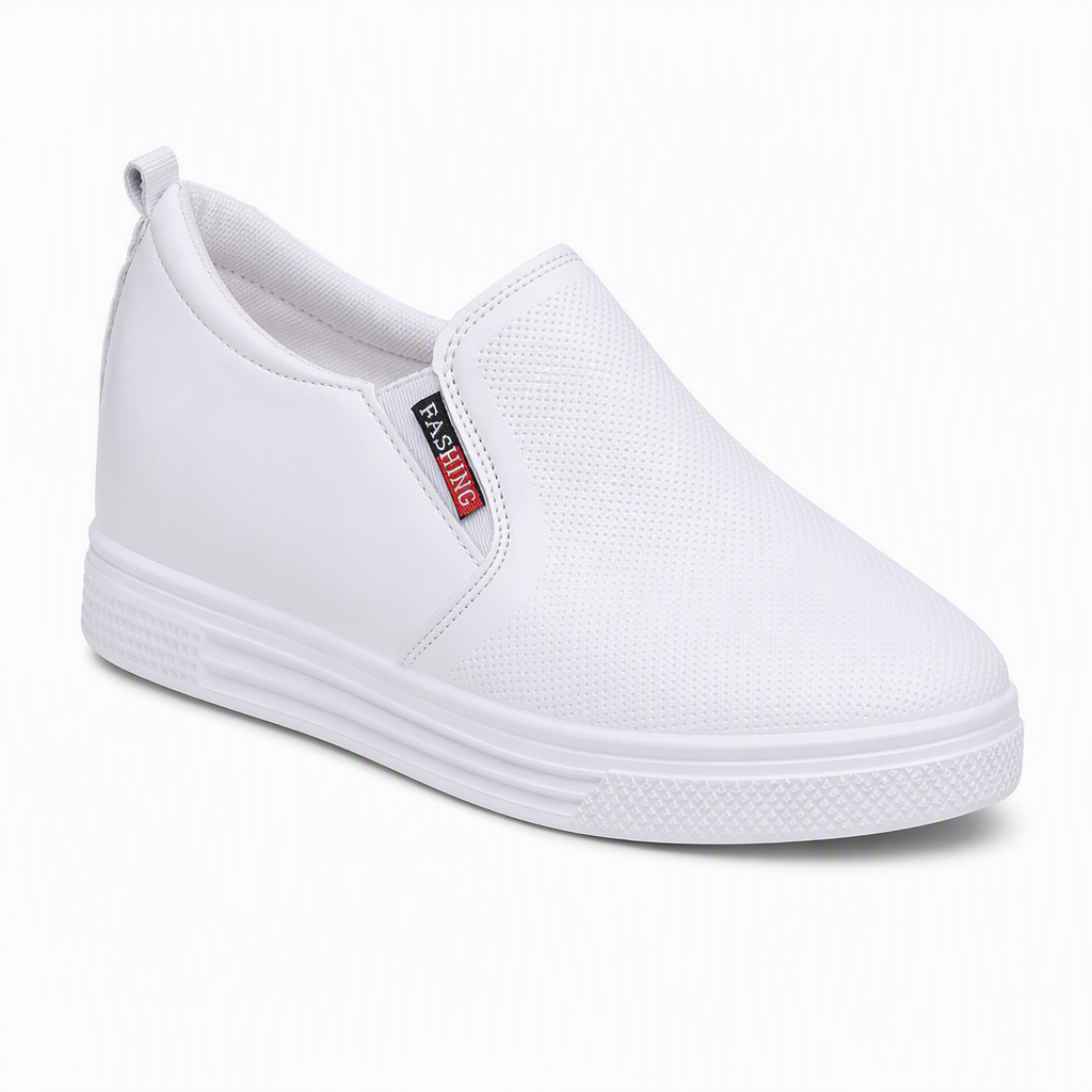 Women's Soft Leather Slip On Shoes with Hidden Height Increasing Flat Non Slip Sole