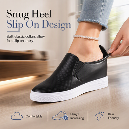 Women's Soft Leather Slip On Shoes with Hidden Height Increasing Flat Non Slip Sole
