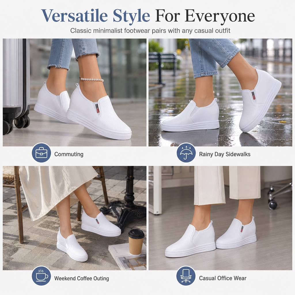 Women's Soft Leather Slip On Shoes with Hidden Height Increasing Flat Non Slip Sole