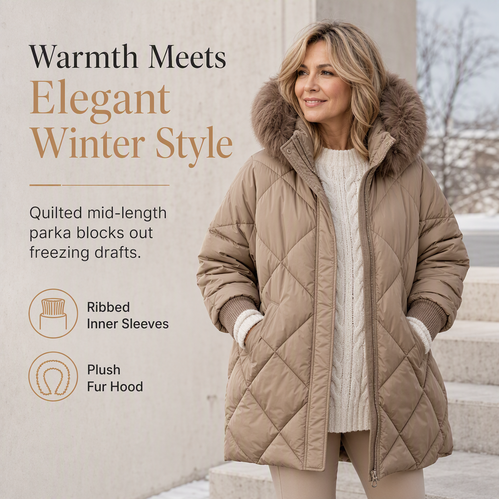 Women's Winter Hooded Cardigan Midi Parka with Knit Sleeves