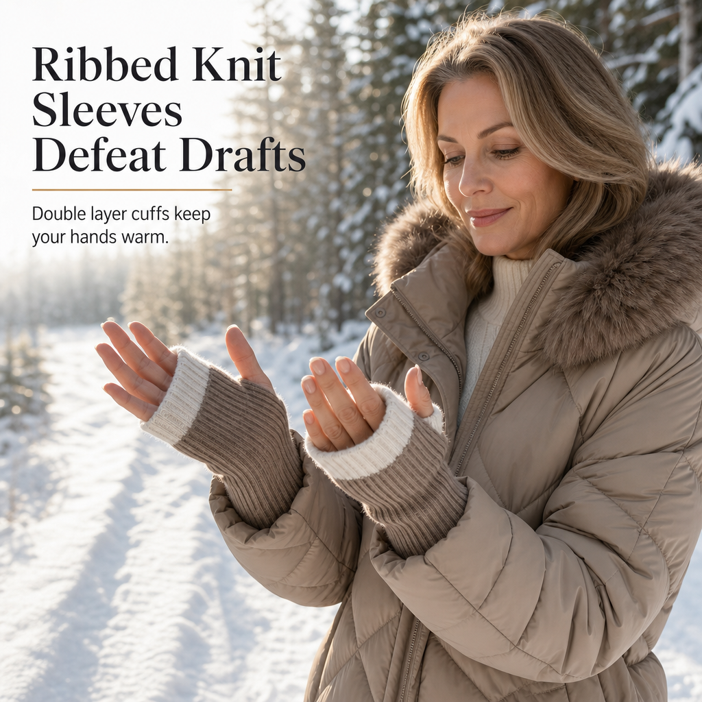 Women's Winter Hooded Cardigan Midi Parka with Knit Sleeves