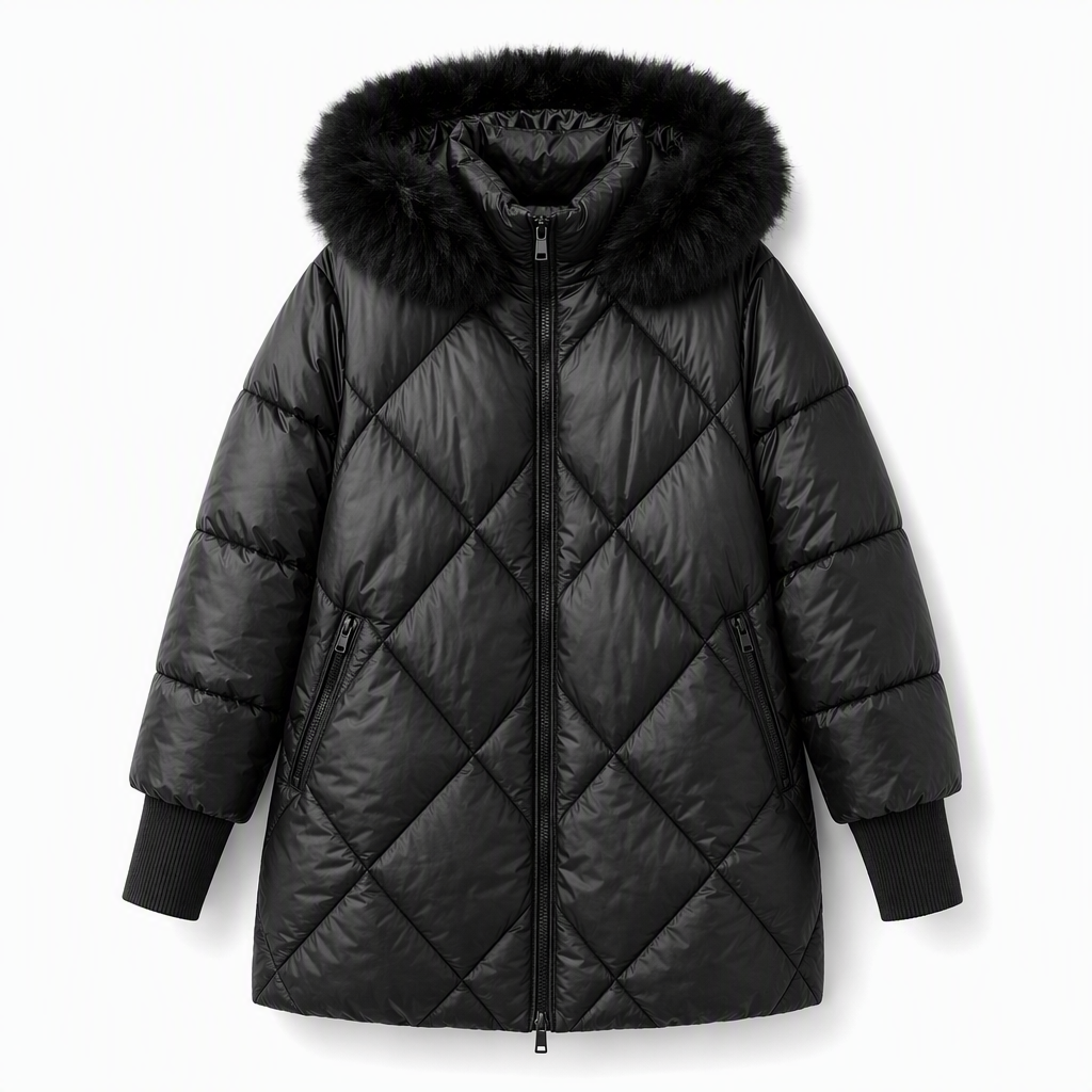 Women's Winter Hooded Cardigan Midi Parka with Knit Sleeves