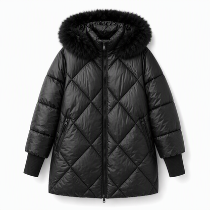 Women's Winter Hooded Cardigan Midi Parka with Knit Sleeves