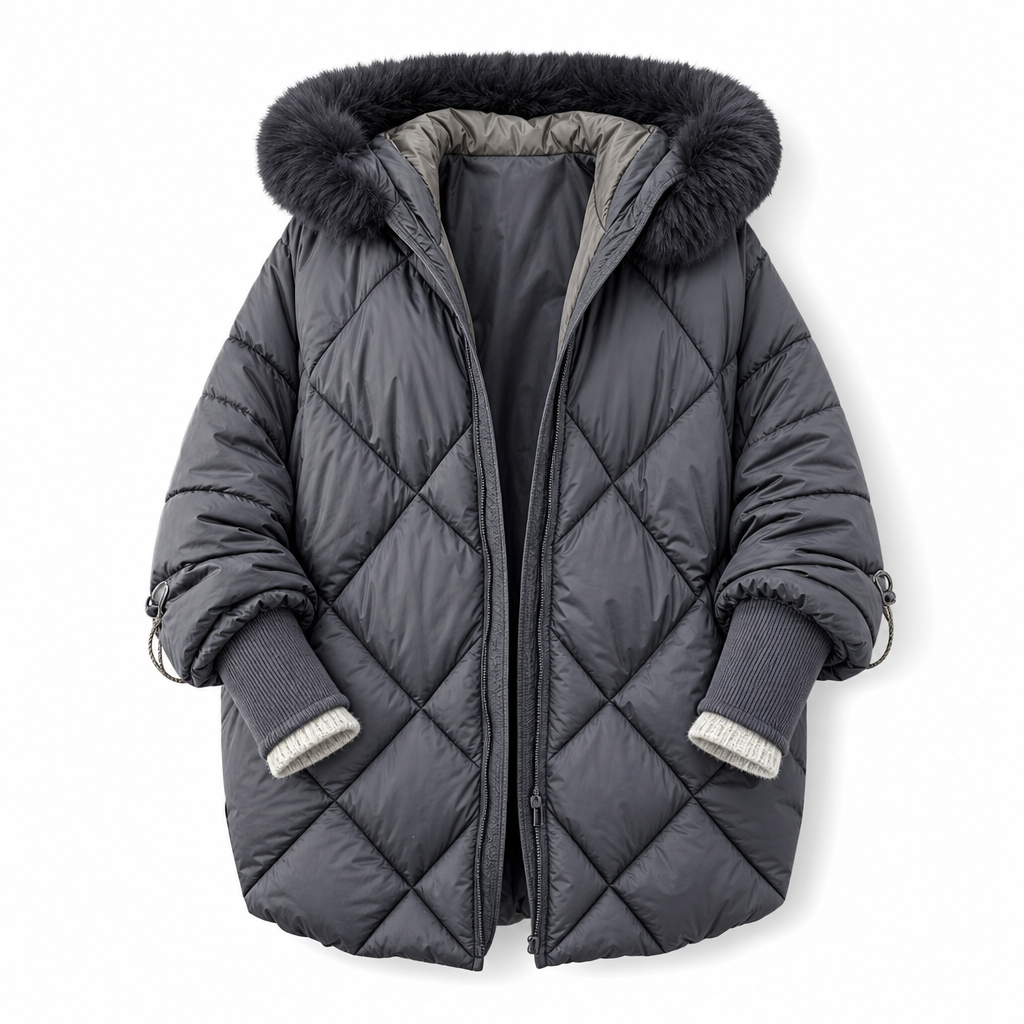 Women's Winter Hooded Cardigan Midi Parka with Knit Sleeves