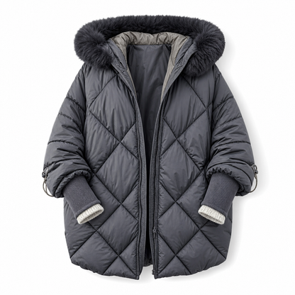 Women's Winter Hooded Cardigan Midi Parka with Knit Sleeves