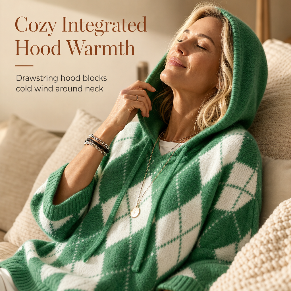 Women's Casual Plaid Hooded Knitted Sweater