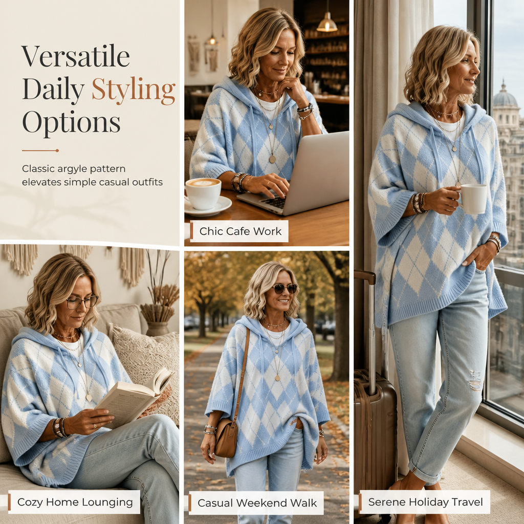 Women's Casual Plaid Hooded Knitted Sweater