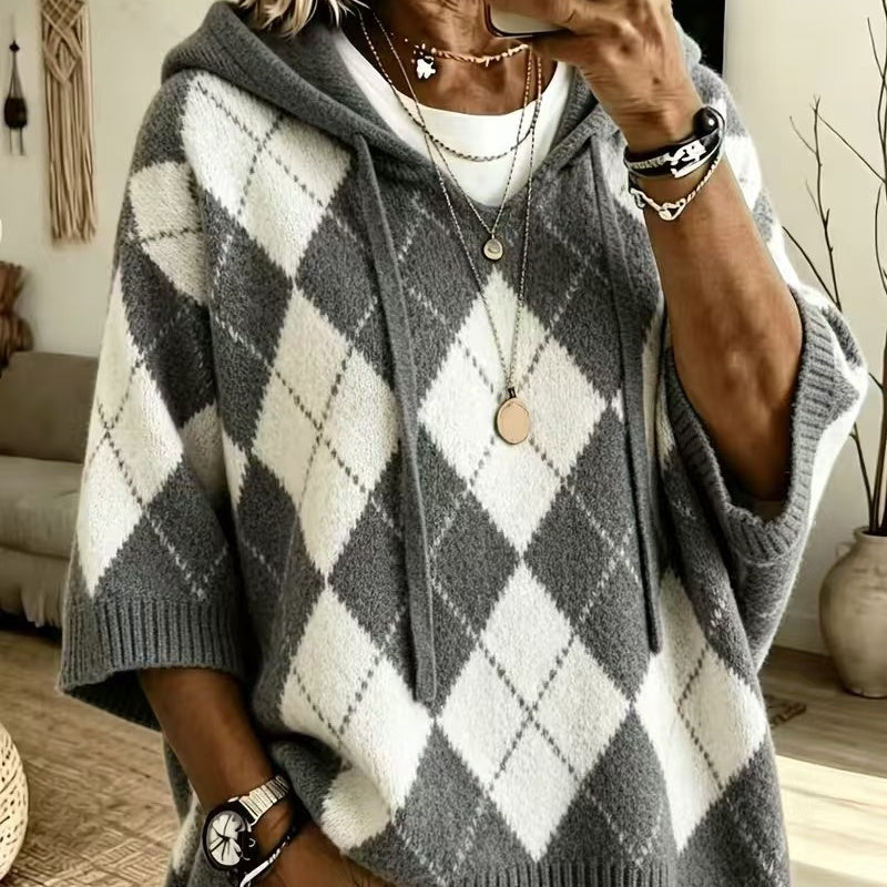 Women's Casual Plaid Hooded Knitted Sweater