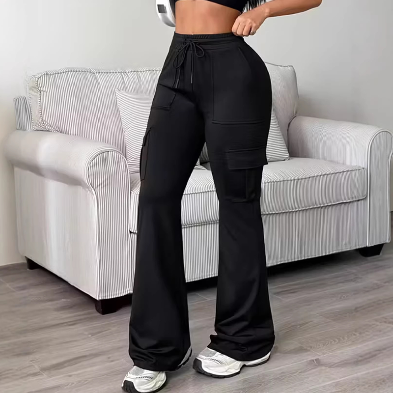 Women's High-Waisted Drawstring Cargo Flare Pants
