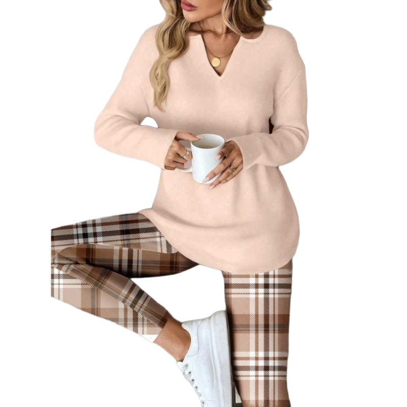 Women's Knit Top and Plaid Leggings Set