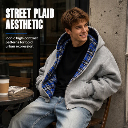 Unisex Reversible Plaid Zipper Hooded Jacket