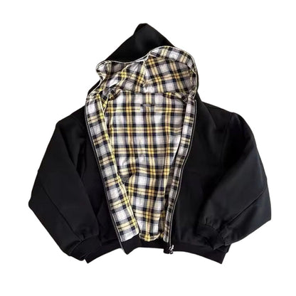 Unisex Reversible Plaid Zipper Hooded Jacket