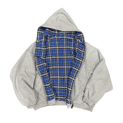 Unisex Reversible Plaid Zipper Hooded Jacket