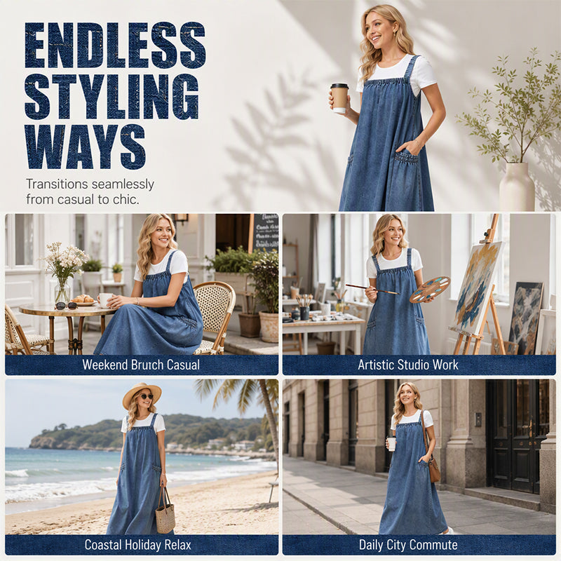 Women's Oversized Casual Denim Suspender Maxi Dress