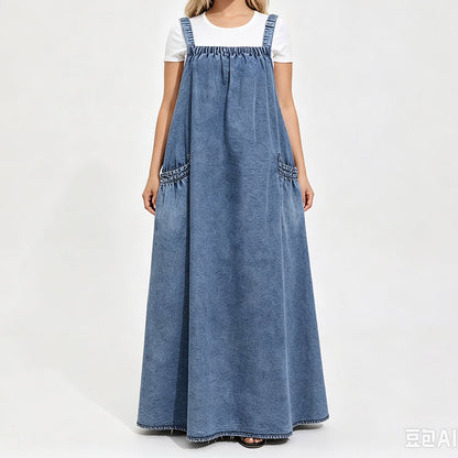 Women's Oversized Casual Denim Suspender Maxi Dress