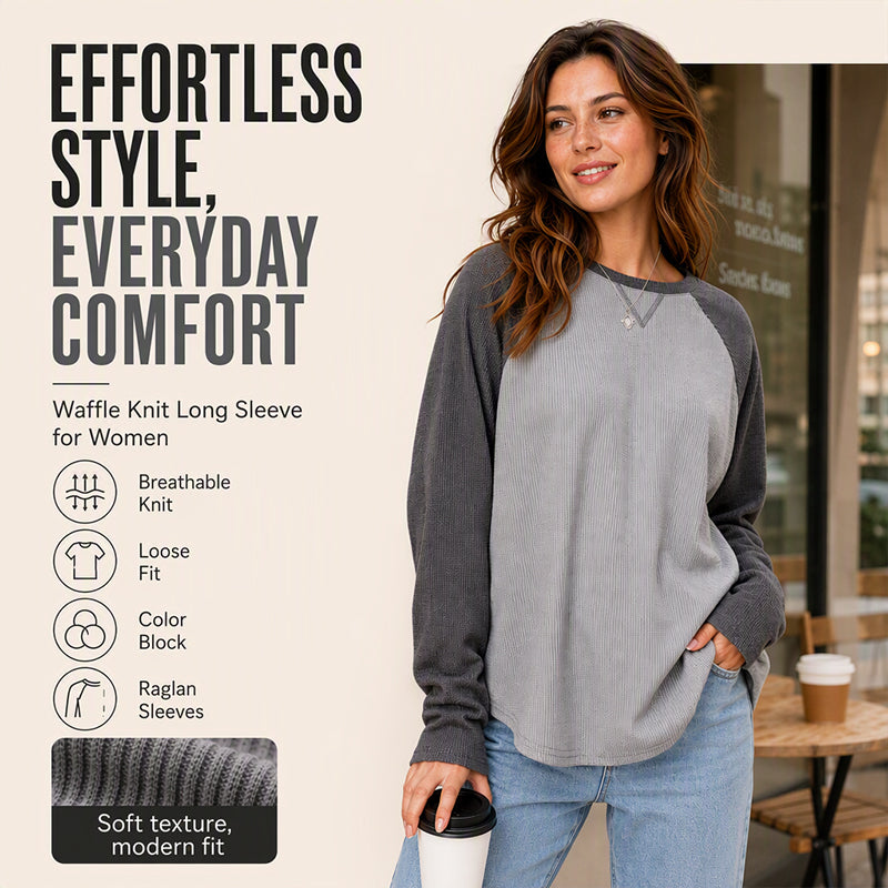 Women's Waffle Knit Color-Block Long Sleeve Top