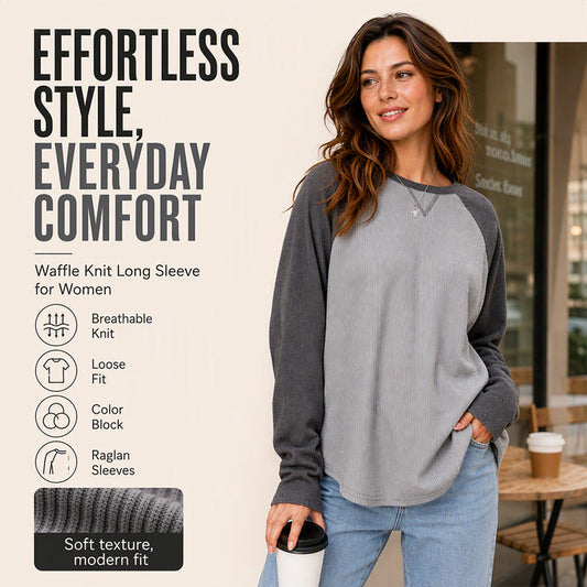 Women's Waffle Knit Color-Block Long Sleeve Top