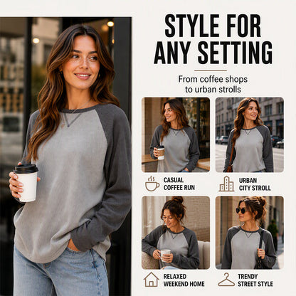 Women's Waffle Knit Color-Block Long Sleeve Top