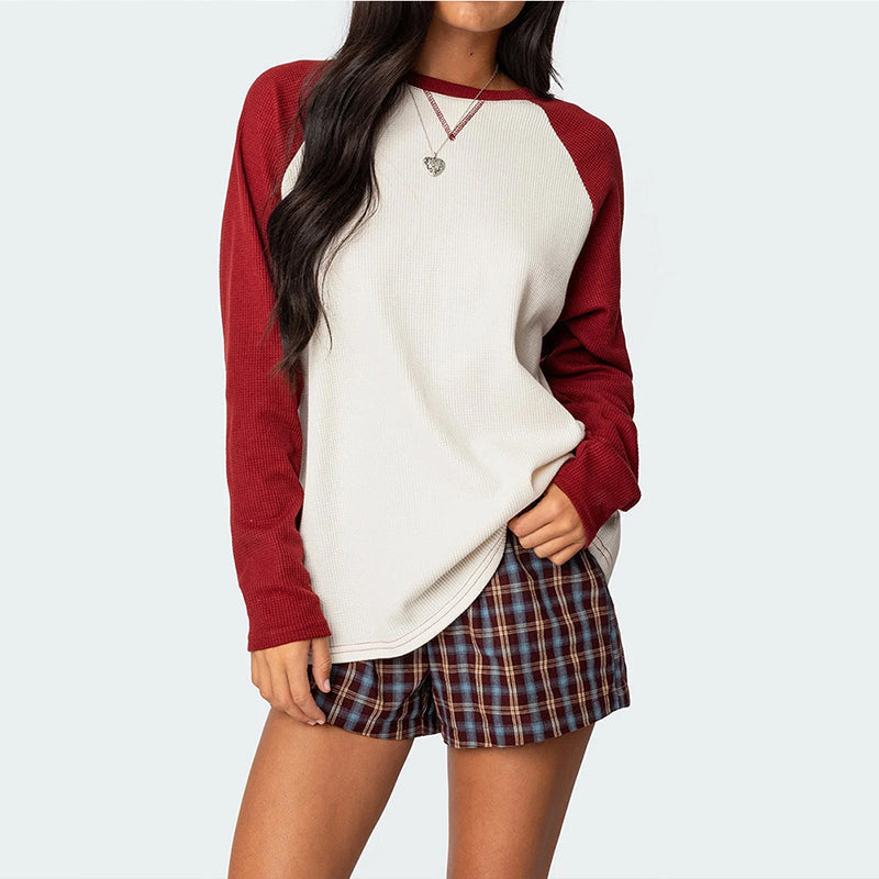 Women's Waffle Knit Color-Block Long Sleeve Top