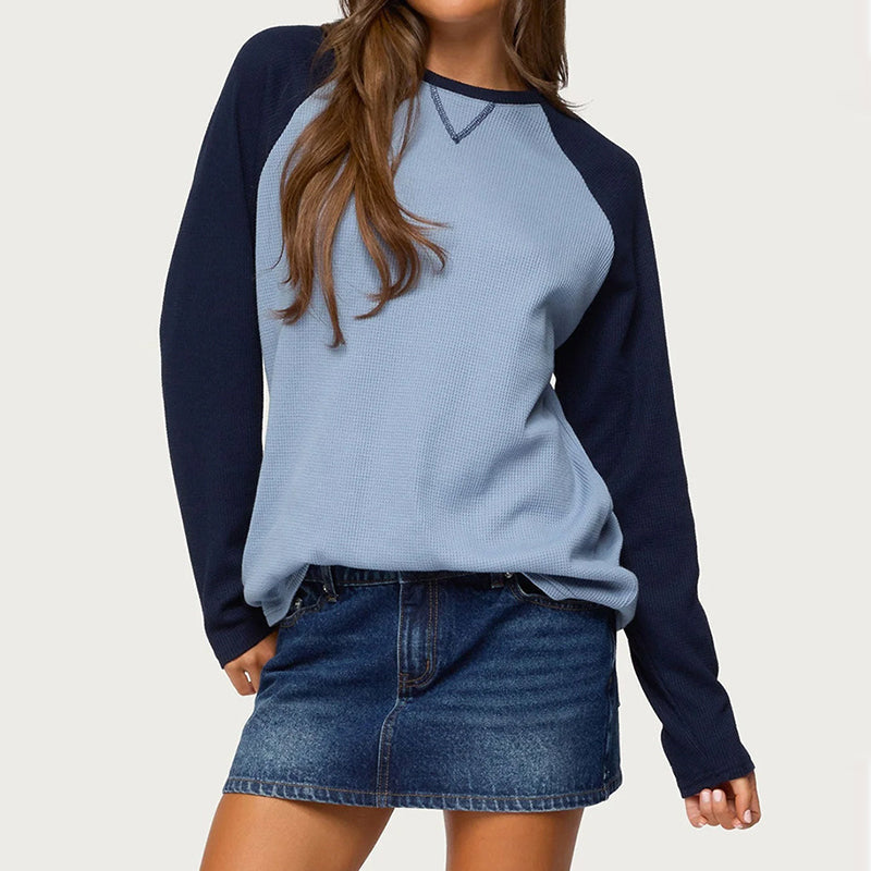 Women's Waffle Knit Color-Block Long Sleeve Top
