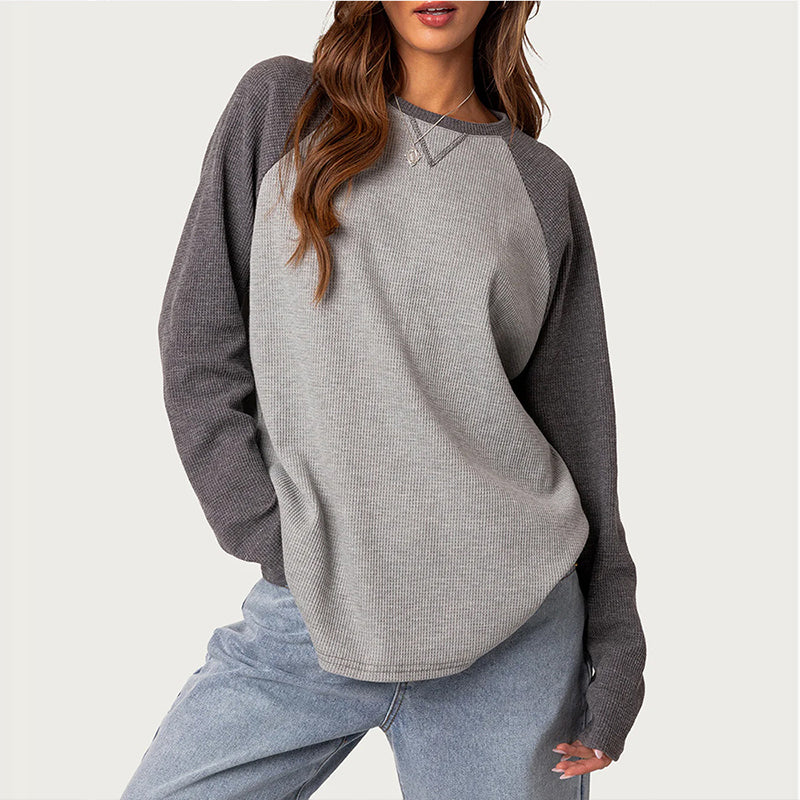 Women's Waffle Knit Color-Block Long Sleeve Top