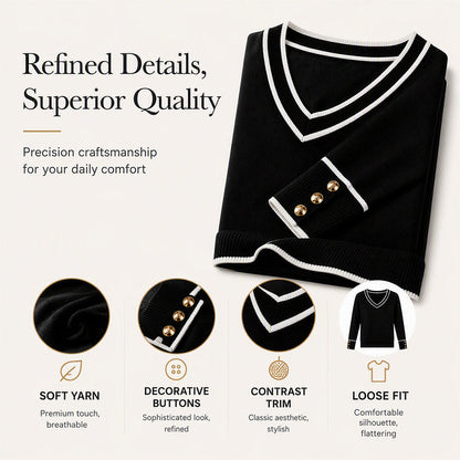 Women's Elegant Contrast V-Neck Knit Top