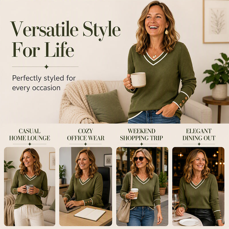 Women's Elegant Contrast V-Neck Knit Top