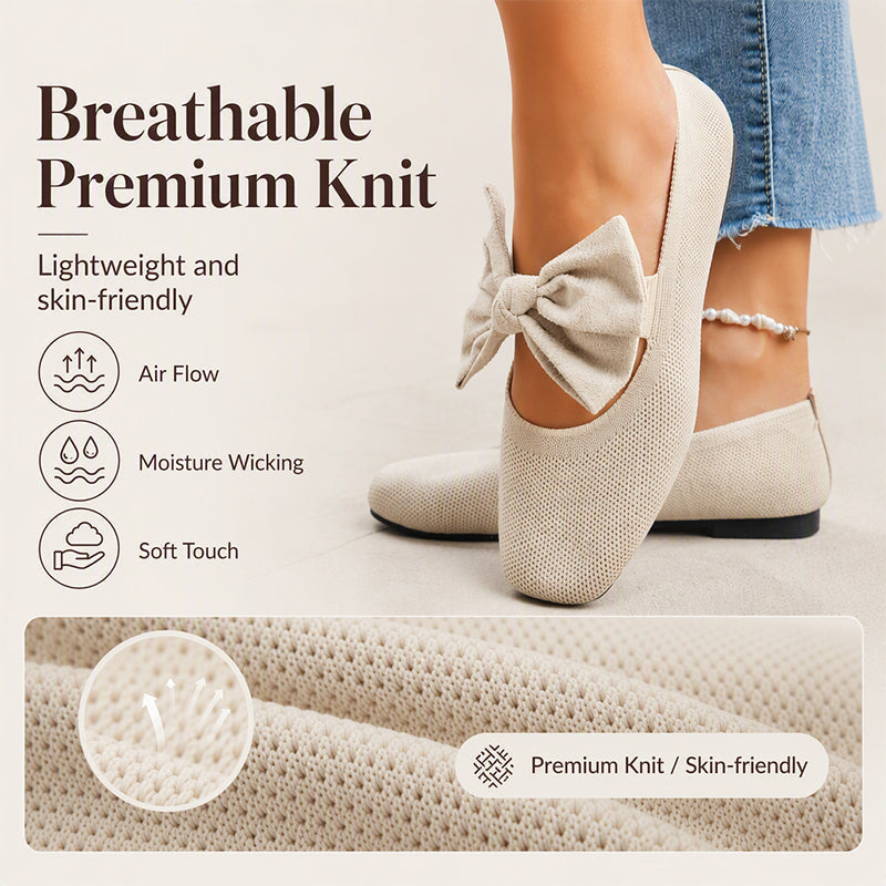 Women's Square-Toe Knit Bow Flat Shoes