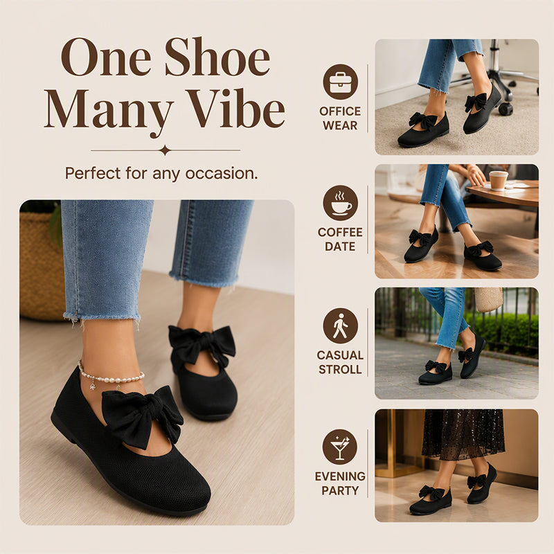 Women's Square-Toe Knit Bow Flat Shoes
