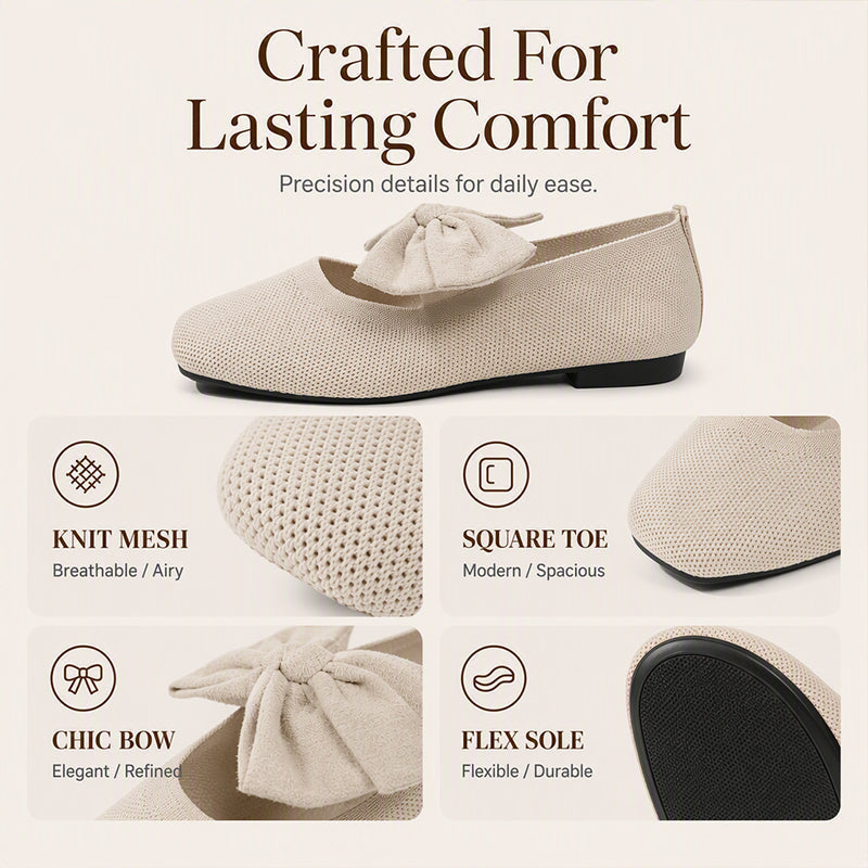 Women's Square-Toe Knit Bow Flat Shoes