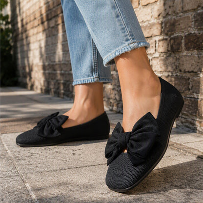 Women's Square-Toe Knit Bow Flat Shoes