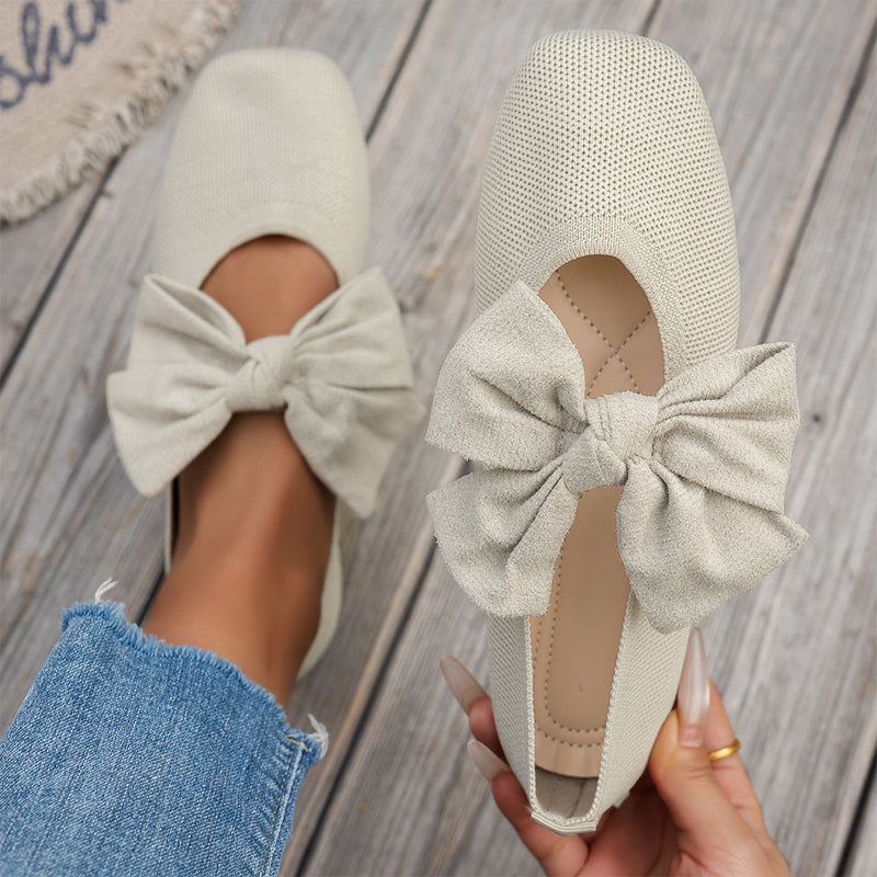Women's Square-Toe Knit Bow Flat Shoes