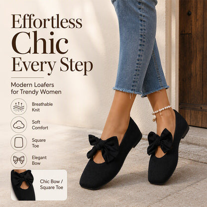 Women's Square-Toe Knit Bow Flat Shoes