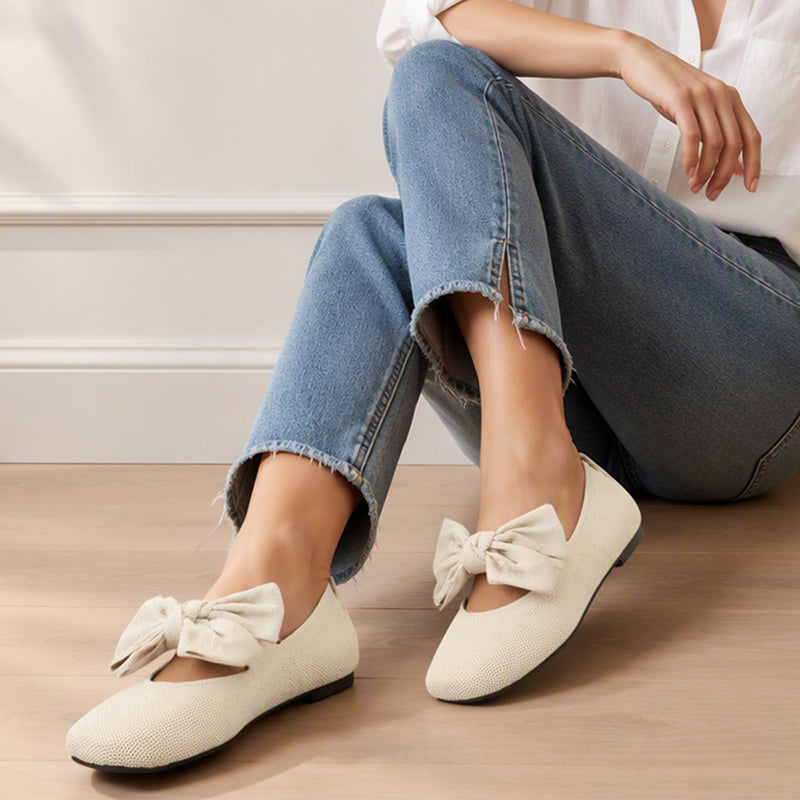 Women's Square-Toe Knit Bow Flat Shoes