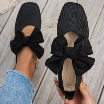 Women's Square-Toe Knit Bow Flat Shoes