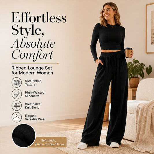 Women's Ribbed Crop Top & Wide-Leg Pants Set