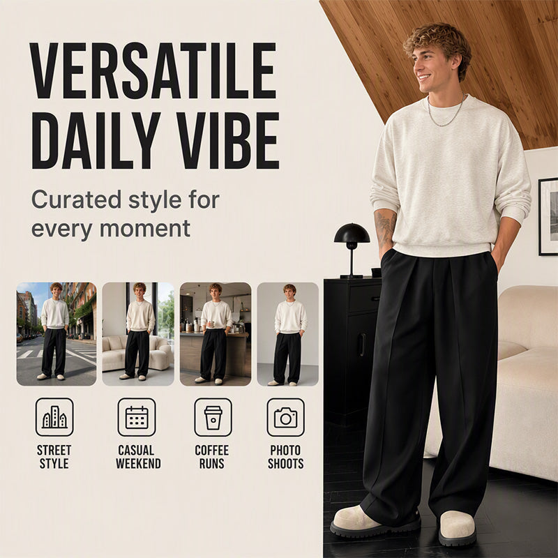 Men's Casual Pleated Wide-Leg Pants